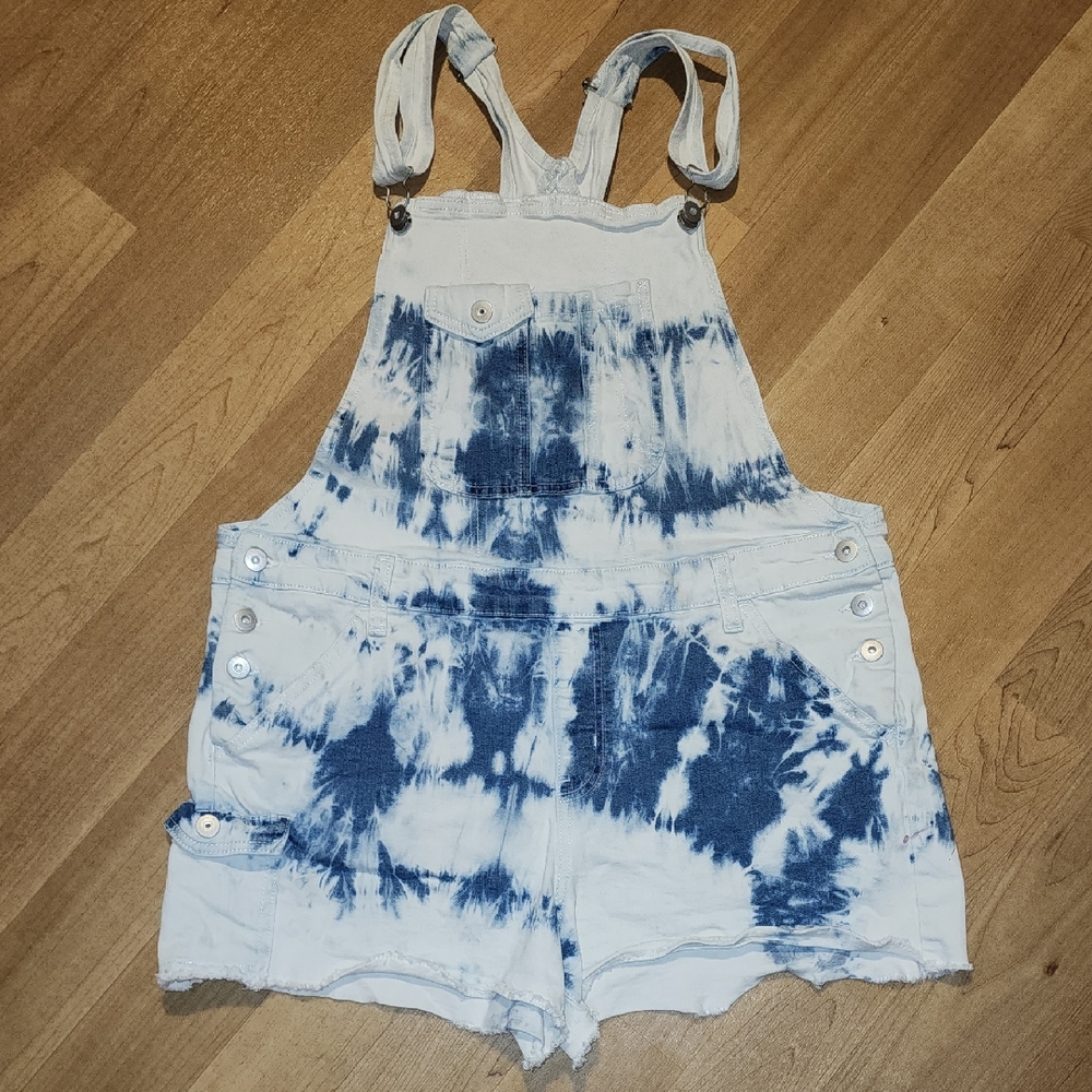 Tie-Dye Denim Overalls - Blue White Women's Shorts